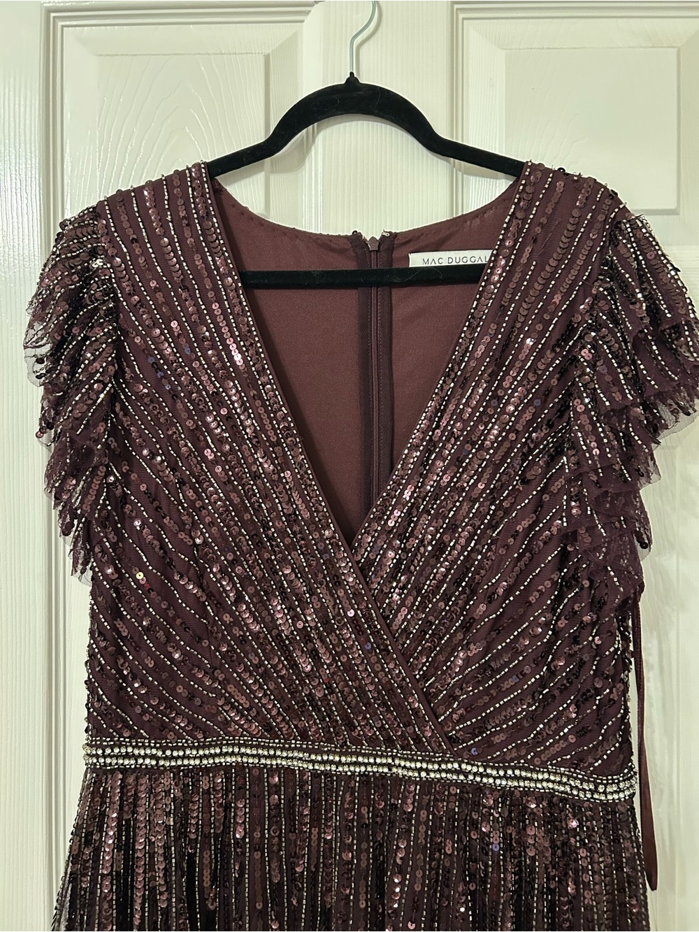 Mac Duggal Plum Beaded Sequin Flutter Sleeve Gown - Picture 8 of 16